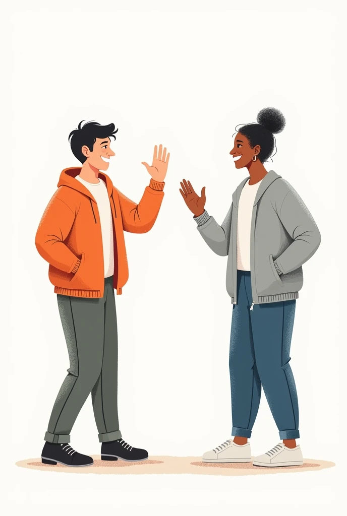 drawing of two people, one that is waving ( just saying hello), the other person to greet by waving his hand (only the hand that does not speak)
