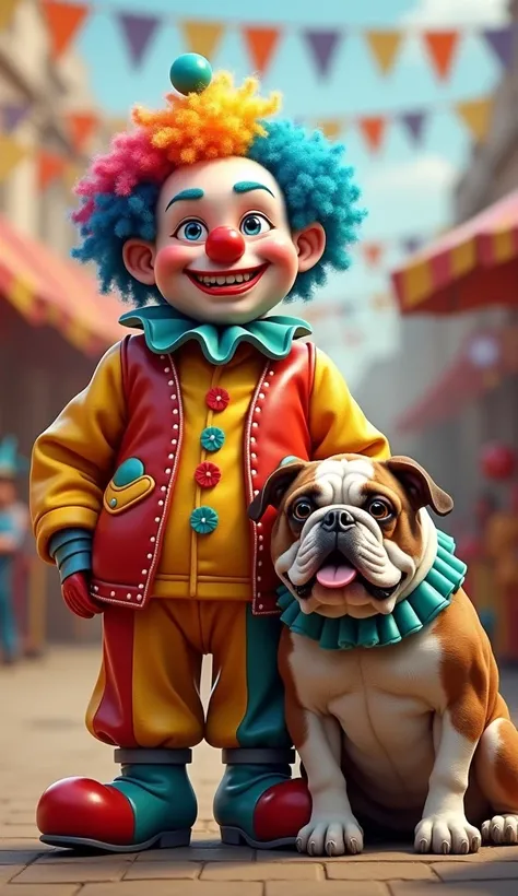 Create a realistic image of a dwarf dressed as a clown, accompanied by a bulldog.

The dwarf should be about 1.40 meters tall, with a stocky build and a friendly appearance. His face should display a penetrating and challenging gaze, along with a mocking s...