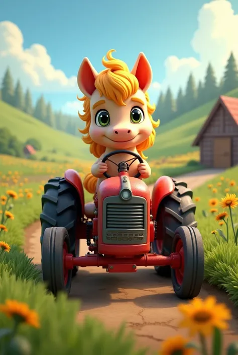 Farm with pony driving a tractor