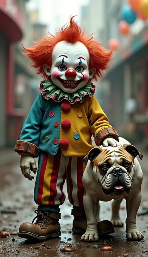 Create an ultra-realistic image of a dwarf dressed as a clown, accompanied by a bulldog, both appearing dirty and worn.

The dwarf should be approximately 1.40 meters tall, with a stocky build. His face should exhibit a penetrating and challenging gaze, al...