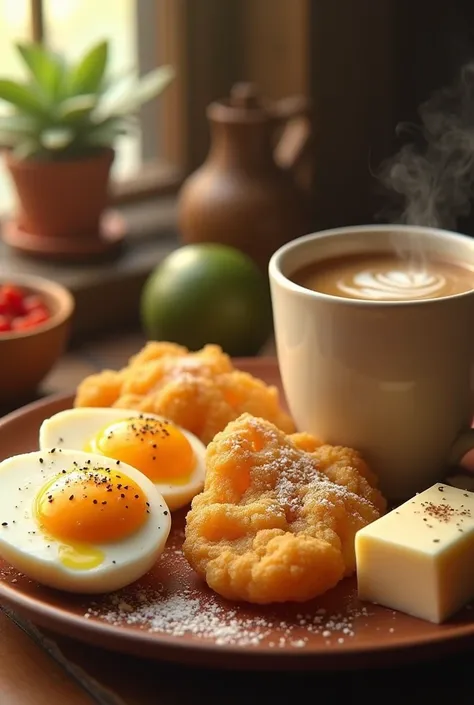 A breakfast containing boiled eggs, fried yuca, a piece of cheese and tea with milk.