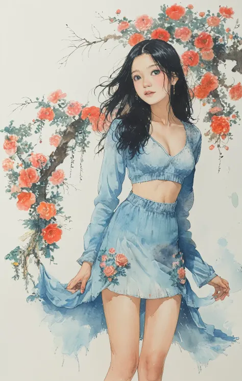 8K,​masterpiece,top-quality, (From below:1.6) ,Dynamic Pose,30 years old 1 girl, Holding a large bouquet,Portrait, Floral, watercolor sketch, light, Long hair, ssmile, watercolor paiting (Medium),watercolor paiting,Plain tank top,Plain light blue sweater,l...