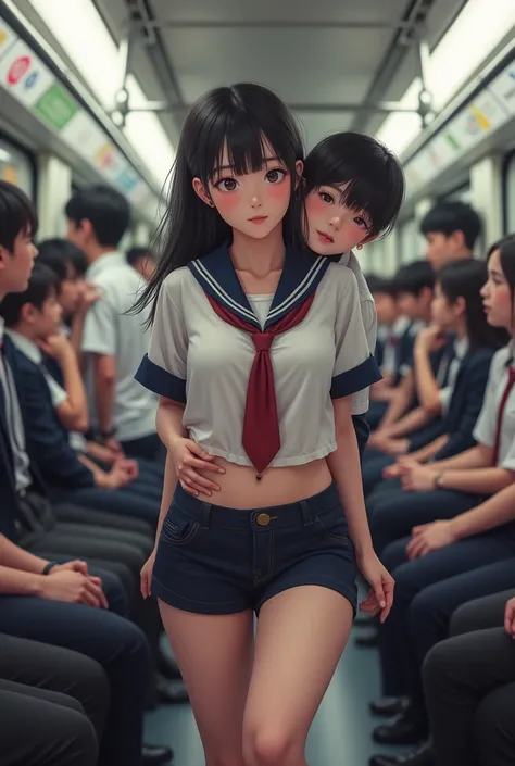 A Japanese lady、school girl、１６kor、bare woman、SFW, ultragigantesco 、pubic hair、titsnipples、realisitic, tabletop, Detailed scene of the interior of a VERY crowded subway train, Detailed background of VERY crowded subway train interior, Panas (Woman 1) use um...