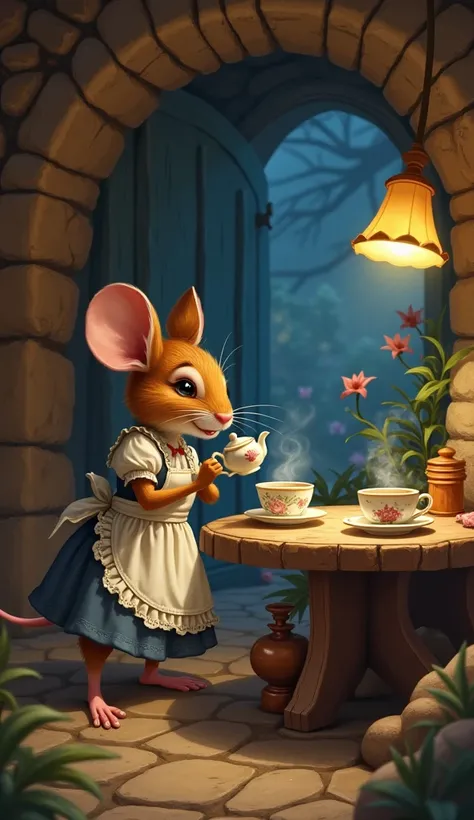 Fairytale Mouse in an apron, pouring tea into cups on the table for guests in her hole, its night outside, guests are not visible, the hole is beautiful, light, rustic furniture