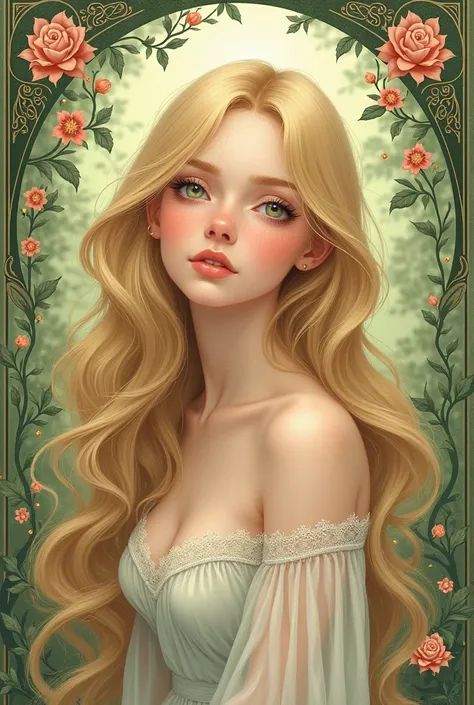 generate an illustration with soft, pastel colors, intricate details, and a nostalgic atmosphere, modern art nouveau style, princess fantasy, girl with long blonde hair