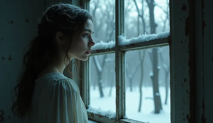 scary house in winter forest, beautiful girl sits looking out the window at the forest.