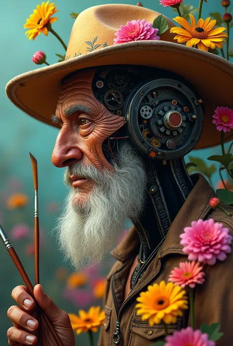 Face of an elderly Mexican android-type man, mechanisms with brush and paintbrush and flowers