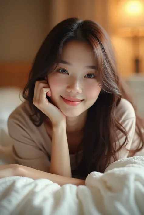 cute korean girl lying in bed with a beautiful smile, 1girl, bedroom interior, soft lighting, peaceful atmosphere, detailed facial features, long hair, beautiful eyes, cute smile, bare feet visible, relaxing pose, photorealistic, (best quality,4k,8k,highre...