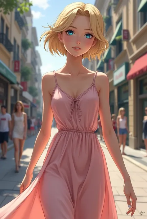  girl, blonde, short hair
neck height, tall blue eyes, wears a pink dress with shoulder straps walking down the street with sandals, full body, frontal view, Close-up, realistic