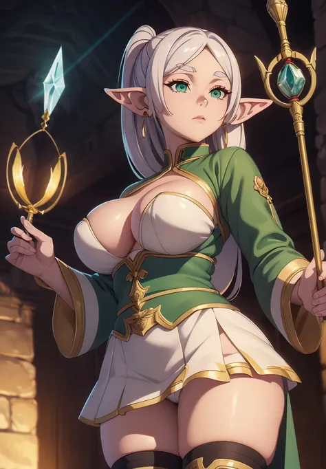 (masterpiece, best quality, high detailed illustration, 8k uhd), Frieren, green eye, elf, pointy ears, white hair, hair ornament, earrings, skirt, thighs, looking at viewer, holding magic staff, dynamic pose, big breasts