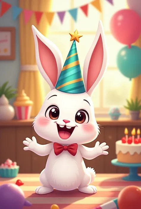 funny rabbit, white cartoon celebrating birthday