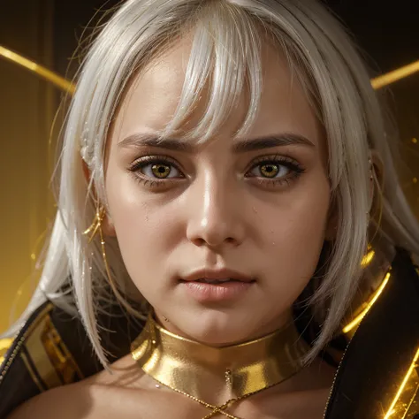 mksks style, 1girl, cute, surrounded by yellow lighting, gold eyes, white hair, black background, closeup, no smile, masterpiece, ultra detailed