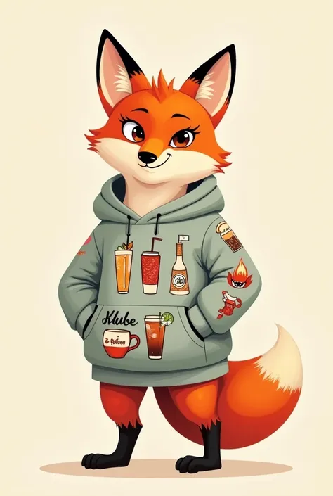 a fox dressed in a sweatshirt with select drinks written on the sweatshirt


