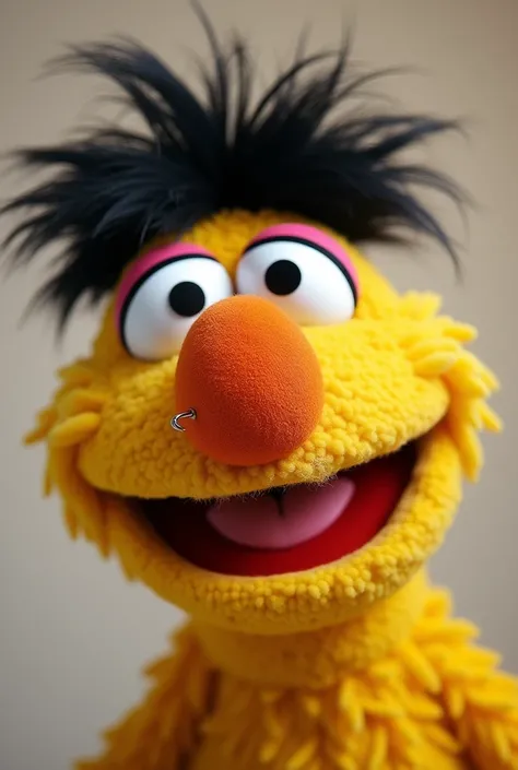 Beto from Sesame Street (Yellow puppet with thick black unibrow; large, elongated brown nose) with a nostril (Nose piercing)