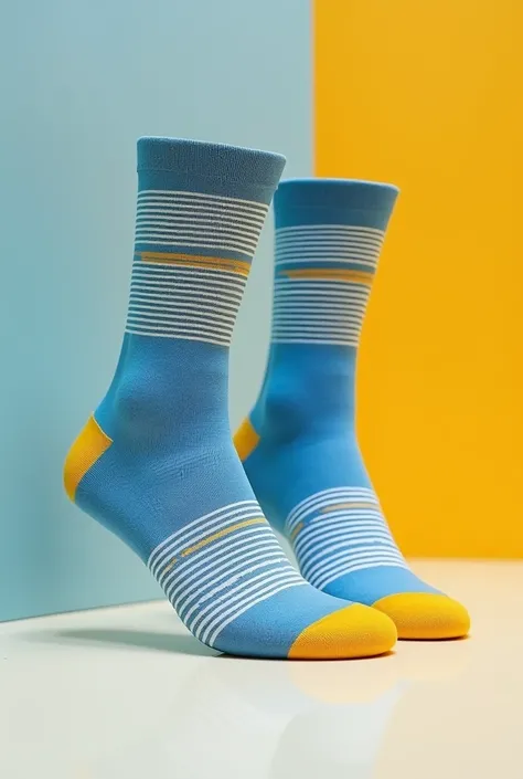 Sports socks with a line design on the shaft, blue colored, white and yellow ochre 