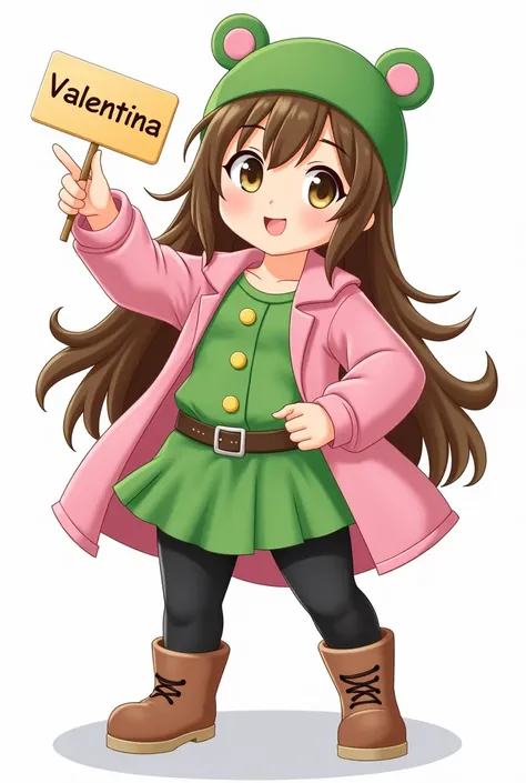  child with long brown blond hair wearing green clothes making a cute pose with one hand on her waist and the other making a v wearing black pants pink coat and a hat with bear ears with a sign saying the name Valentina 