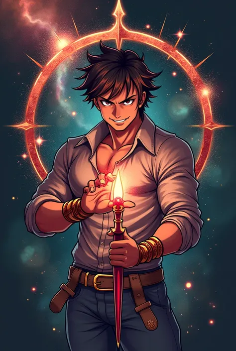 Create a tattoo image with Milo Scorpio (from the anime Knights of the Zodiac)holding the power of the scarlet needle on his finger with a smile on his lips. Behind him the galaxy with the symbol of the wheel of signs, highlighting the scorpion 
