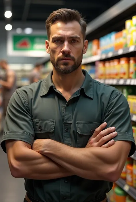 Image of a man with his arms crossed, as if he were a supermarket stocker, skin fair, make it as realistic as possible, turn the character 90°