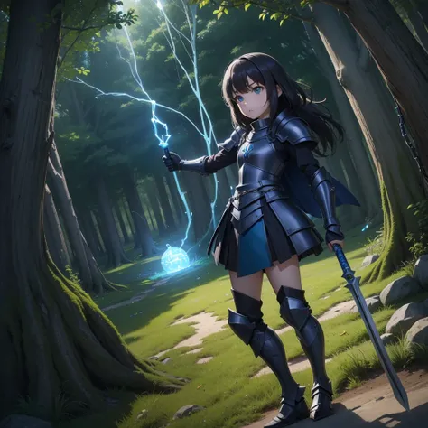 最high quality、high quality、Simple Cloth Armor、１０Year-old girl adventurer、Equipped with a weapon that has a short chain at the end of a stick and a spiked iron ball at the end of the chain、In a dark maze、Green and blue armor