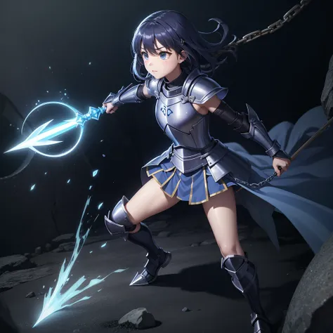 最high quality、high quality、Simple Cloth Armor、１０Year-old girl adventurer、Equipped with a weapon that has a short chain at the end of a stick and a spiked iron ball at the end of the chain、In a dark maze、Blue-colored armor