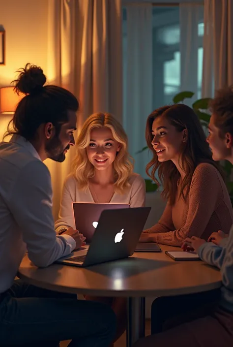 A man and 2 women, one blonde and one brunette, on the web gossiping