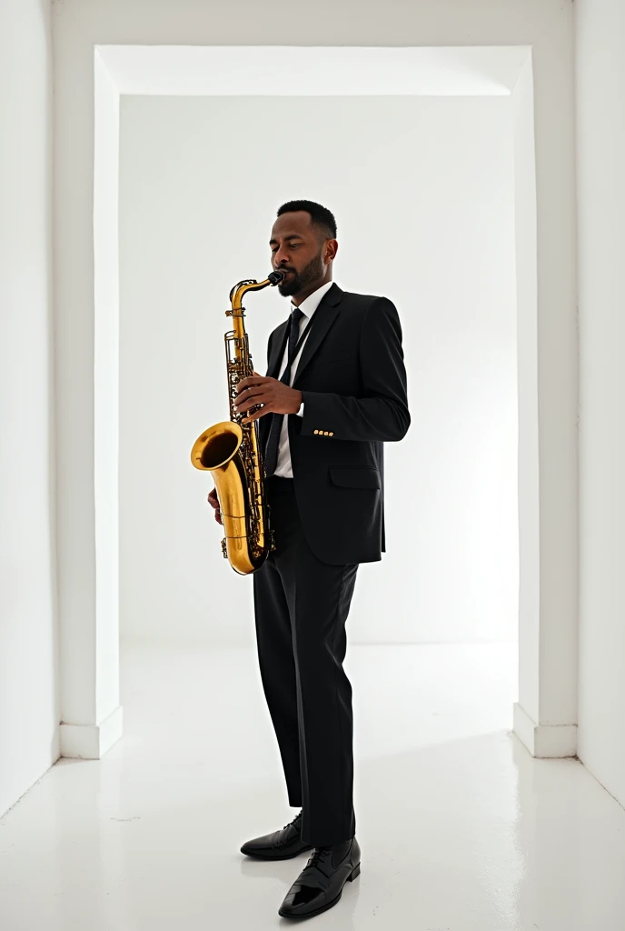 Saxophonist in a white square panoramic shot
