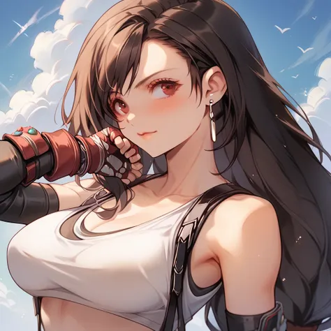 ultra detailed, best quality、nsfw,(tifa from final fantasy)、slender、large breasts、ocean、bikini、sit