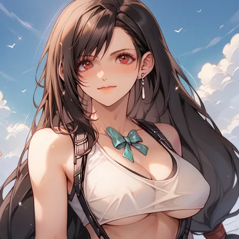 ultra detailed, best quality、nsfw,(tifa from final fantasy)、slender、large breasts、ocean、bikini、sit