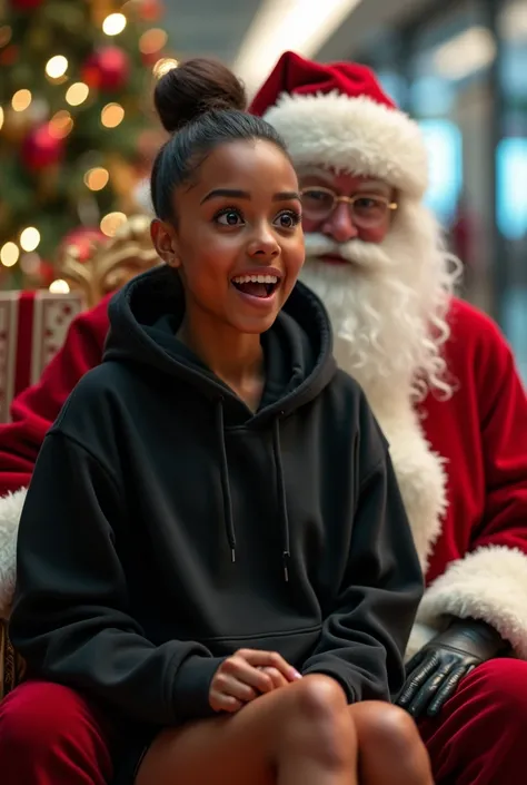 black woman hair in a bun black hoodie black leather short shorts excited look on her face with eyes really big and wide open setting on santa claus lap at the mall side shot 
