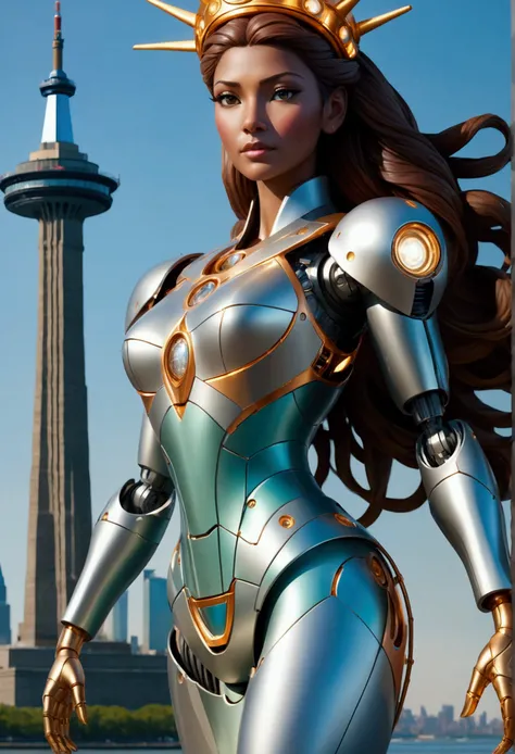 "Imagine the Statue of Liberty reimagined as a colossal, high-tech robot sentinel. Her iconic torch is now an advanced energy cannon, glowing with intense power, and her crown is equipped with sensors and antennas that connect her to a global network. The ...