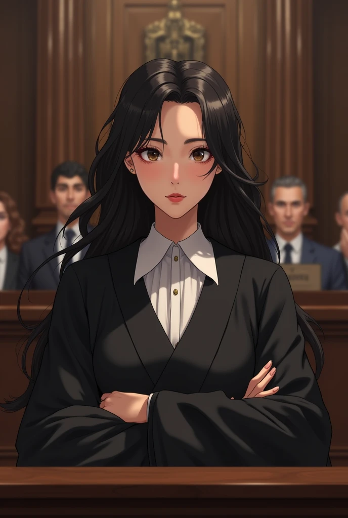 judge dark hair highlighted, small-nose, dark brown eyes, slim, middle lips 