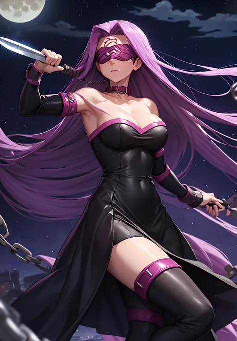 score_9, score_8_up, score_7_up, source_anime, medusarider, medusa rider, long hair, very long hair, purple hair, facial mark, forehead mark, thighhighs, dress, cleavage, bare shoulders, detached sleeves, black dress, collar, strapless, strapless dress, bl...