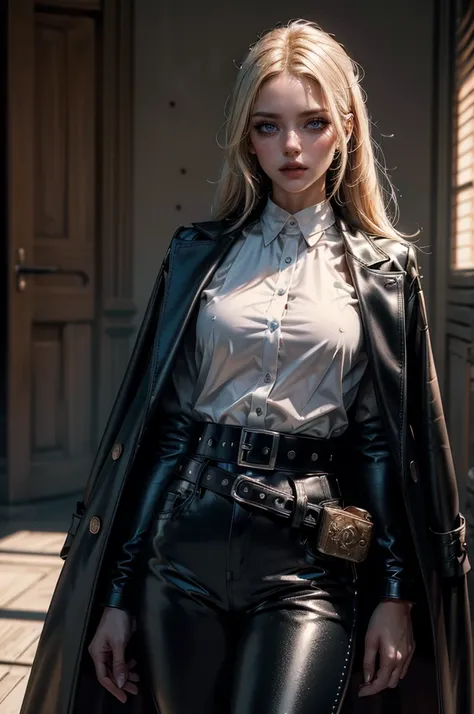 cowboy shot,a pretty 2 girl,blond hair,blue eyes,lora_Emma,slim athletic body,tight and stretched white blouse with buttons,button gap,short sleeves,pokies,ultra low rise black shiny latex pants,(double metal belt),empty studiobackground,((black coat on sh...