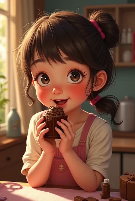 Generate  girl eating chocolate inside a 