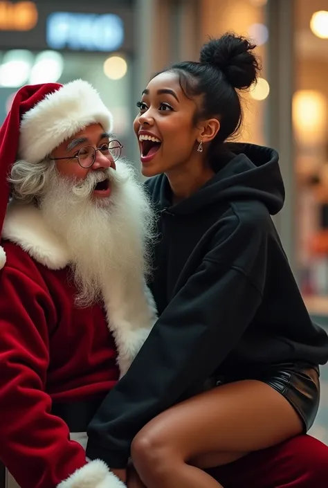 black woman hair in a bun black hoodie black leather short shorts excited look on her face with eyes really big and wide open setting on santa claus lap at the mall side shot 
