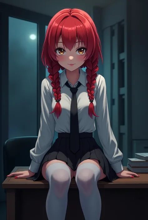 Create the following image: The image shows a young girl with red hair, tied in two long braids, each one on one side of his head, hazel eyes and white skin. She is sitting on the edge of a table, with her legs crossed and a lustful smile on her face. Wear...