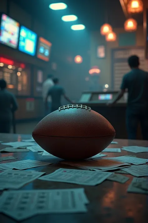 Generate an image about football sports betting, in a ball inside a betting house