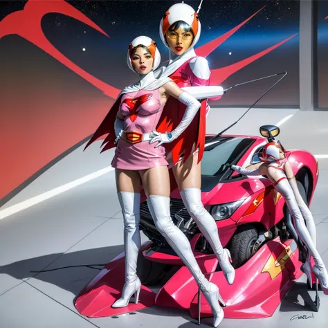 ANI_CLASSIC_jun_gatchaman_ownwaifu,1girl, 15yo,good anatomy, masterpiece, best quality,realistic, hyper realistic, 16k hdr, long hair,breasts,lips,large breasts,lipstick,makeup,gloves,cape,helmet,belt,elbow gloves,white gloves,mask,ultra miniskirt,leotard,...