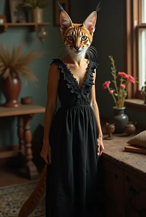 Caracal in a bohemian black dress 