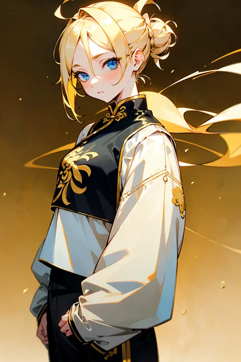 1female, blonde hair, messy updo, blue eyes, detailed eyes, calm expression, white t shirt, black oversized jacket with gold chinese embroidery, black and gold chinese pants, simple foggy background, hands to side, standing on path, detailed face