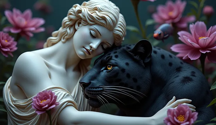 Create a surreal and artistic composition with a classical statue and a black jaguar with a lustrous coat and vivid gaze. The statue, with intricate carvings and an elegant face, drapes its arm over the jaguars head which is parallel to the viewer. Surroun...