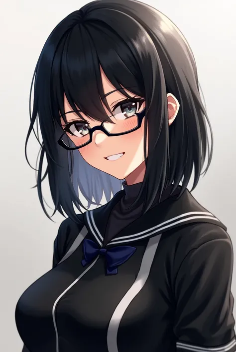 woman black hair glasses smile black clothes with white