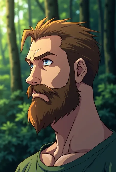 American,white,with anime style beard , brown beard and not smiling , in the background a forest and in profile
