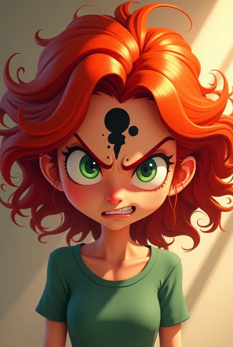 Girl with a black spot on her forehead and the girl is a redhead animated that the girl is angry 