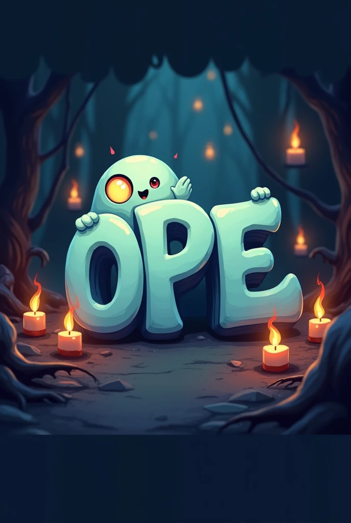 a funny logo "OPE" with capitals 
that must be funny and animated 
with dark, candels, ghost