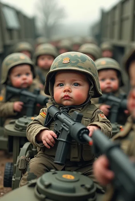 Cute newborn baby with serious face like army soldier with newborn babies wearing army clothes and tactical helmets having military communication devices and carrying light and medium weapons driving military transport trucks in real life realistic