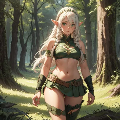 FULL BODY, perfect face, pretty face, elf, 1girl, forest, white hair, viking top braid, green eyes, leather, (skimpy low skirt), bare arms, (bare stomach),  (bare pelvis) , bare arms, short green cloak, dark, gritty