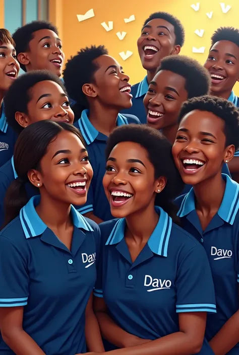 African school learners in high school laughing. They are wearing navy blue shirts with light blue stripes. Image must have decorations of words "DAYO" all over it. Must also have a message "2025 intake now open" 