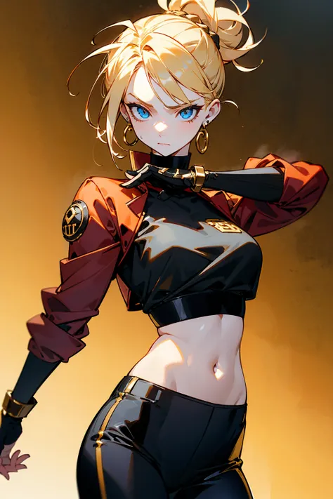 1female, blonde hair, messy updo, blue eyes, detailed eyes, serious expression, black croptop, red and gold sports jacket, black pants, dangling gold earrings, , simple foggy background, hands to side, standing on path, detailed face