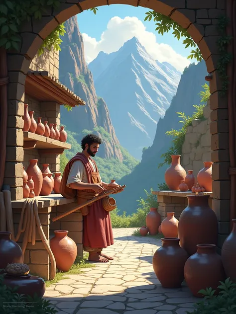 Show the picturesque village surrounded by mountains, where everyone knows and respects the artisan Elias. He is working in his workshop, surrounded by the many vases he has created, while his eyes reflect a calm determination. Highlight the simplicity of ...